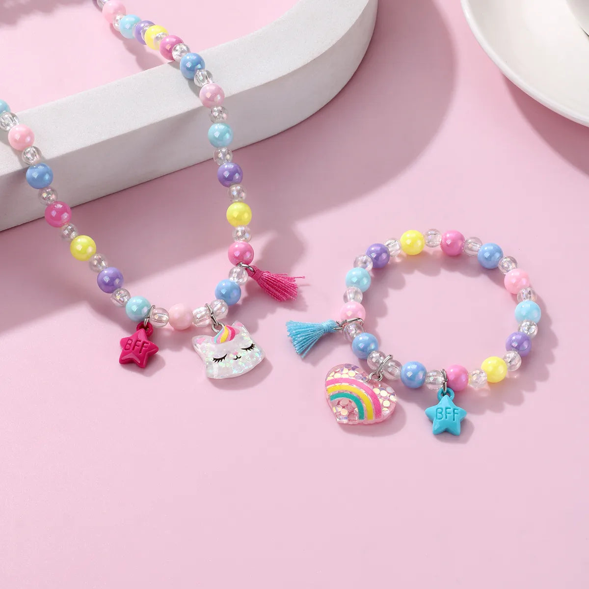 Parure 2 pièces avec Carte - Collier Bracelet - Chat Coeur Arc en Ciel - Multicouleurs - Mignon
