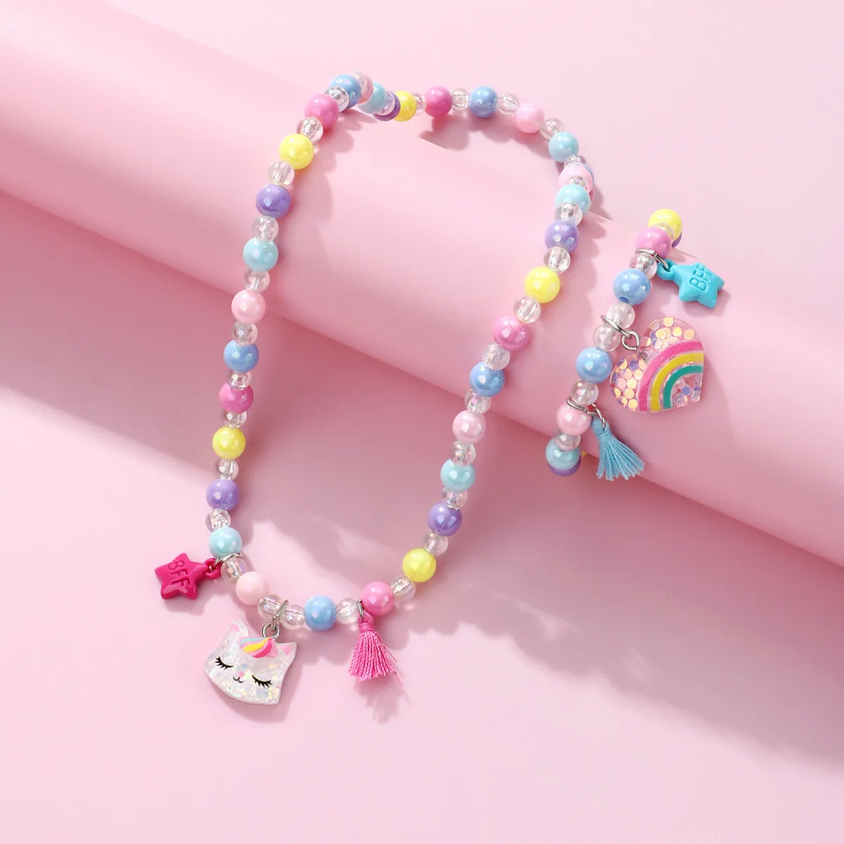 Parure 2 pièces avec Carte - Collier Bracelet - Chat Coeur Arc en Ciel - Multicouleurs - Mignon