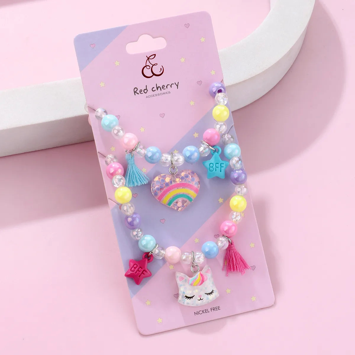 Parure 2 pièces avec Carte - Collier Bracelet - Chat Coeur Arc en Ciel - Multicouleurs - Mignon