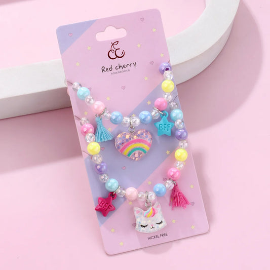 Parure 2 pièces avec Carte - Collier Bracelet - Chat Coeur Arc en Ciel - Multicouleurs - Mignon