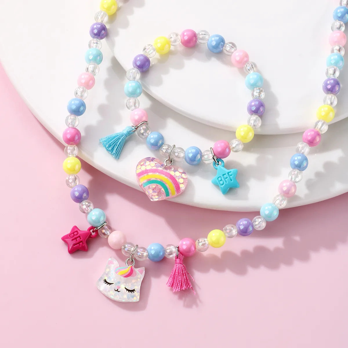 Parure 2 pièces avec Carte - Collier Bracelet - Chat Coeur Arc en Ciel - Multicouleurs - Mignon