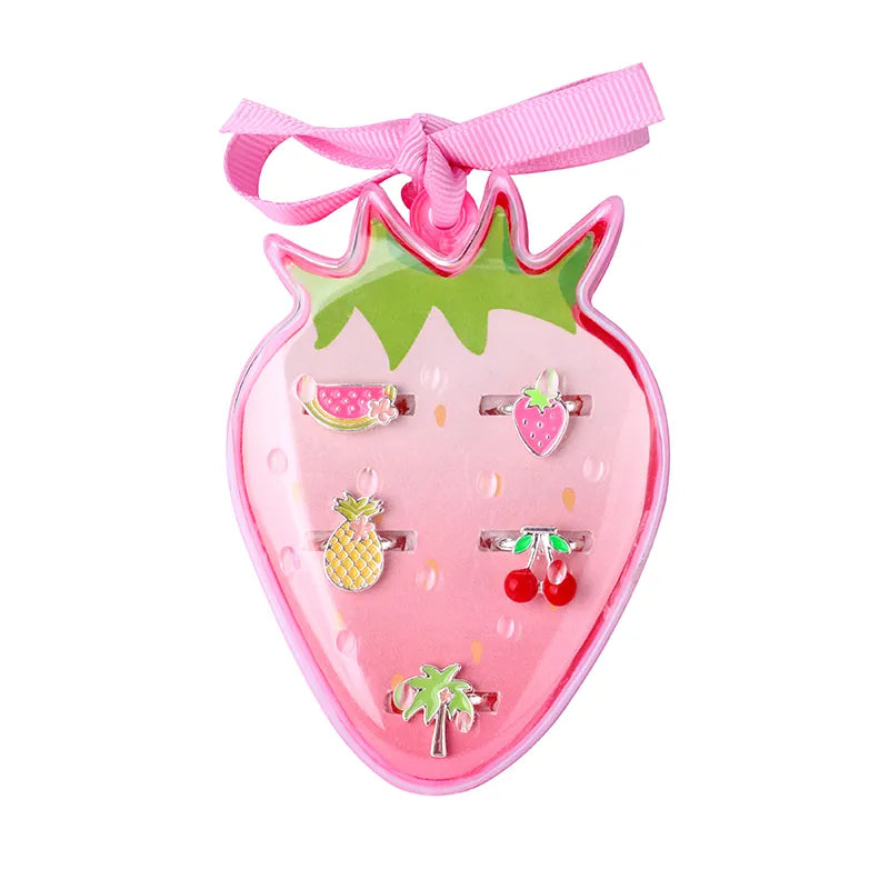 LOT de 5 Bagues Réglables pour Enfants - Boite Cadeau en forme de Fraise - Fruit Pastèque Fraise Ananas Cerises Palmier - Vacances