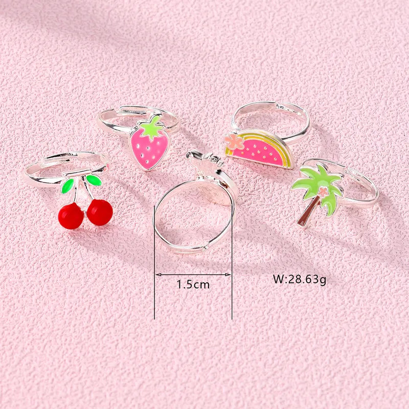 LOT de 5 Bagues Réglables pour Enfants - Boite Cadeau en forme de Fraise - Fruit Pastèque Fraise Ananas Cerises Palmier - Vacances