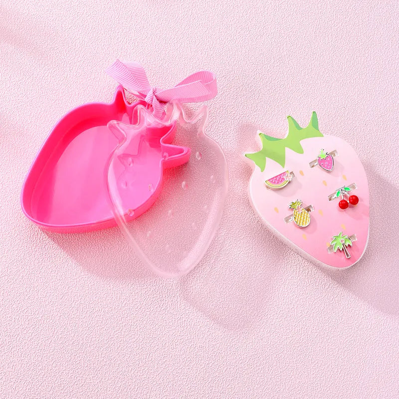 LOT de 5 Bagues Réglables pour Enfants - Boite Cadeau en forme de Fraise - Fruit Pastèque Fraise Ananas Cerises Palmier - Vacances