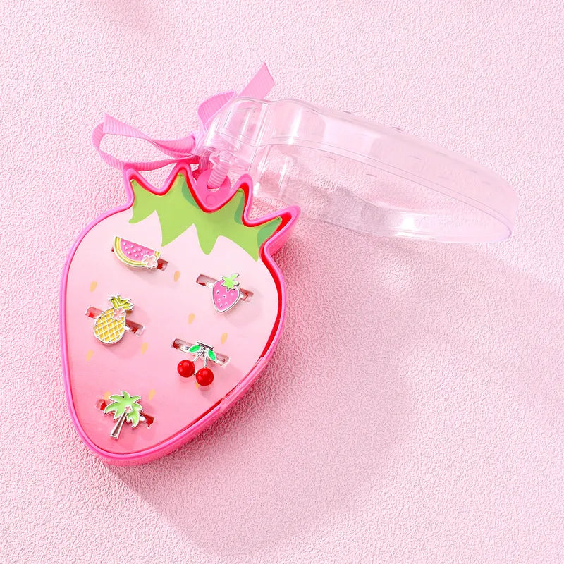LOT de 5 Bagues Réglables pour Enfants - Boite Cadeau en forme de Fraise - Fruit Pastèque Fraise Ananas Cerises Palmier - Vacances