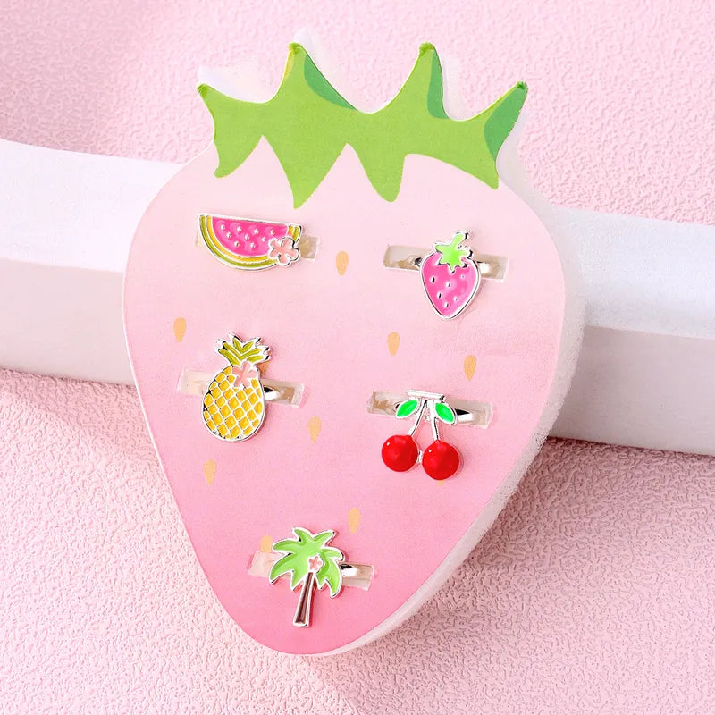LOT de 5 Bagues Réglables pour Enfants - Boite Cadeau en forme de Fraise - Fruit Pastèque Fraise Ananas Cerises Palmier - Vacances