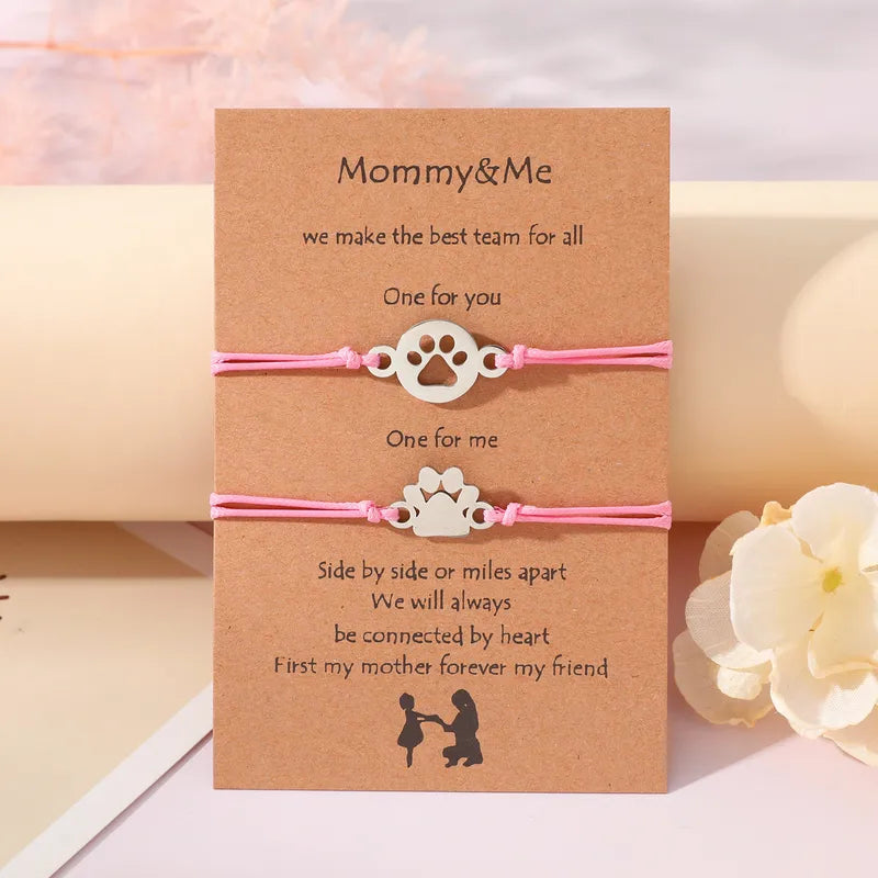 Lot de 2 Bracelets Cordon Réglable avec Carte - Mère Fille - Pate Chien Chat - Famille Parents Enfant Maman Fille - Acier Inoxydable
