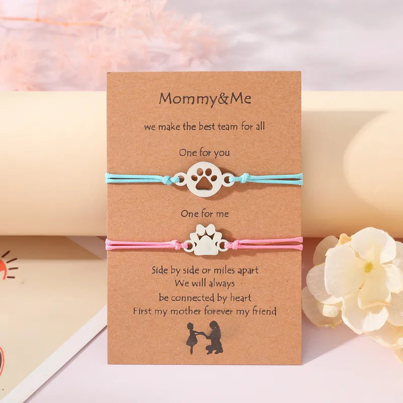 Lot de 2 Bracelets Cordon Réglable avec Carte - Mère Fille - Pate Chien Chat - Famille Parents Enfant Maman Fille - Acier Inoxydable