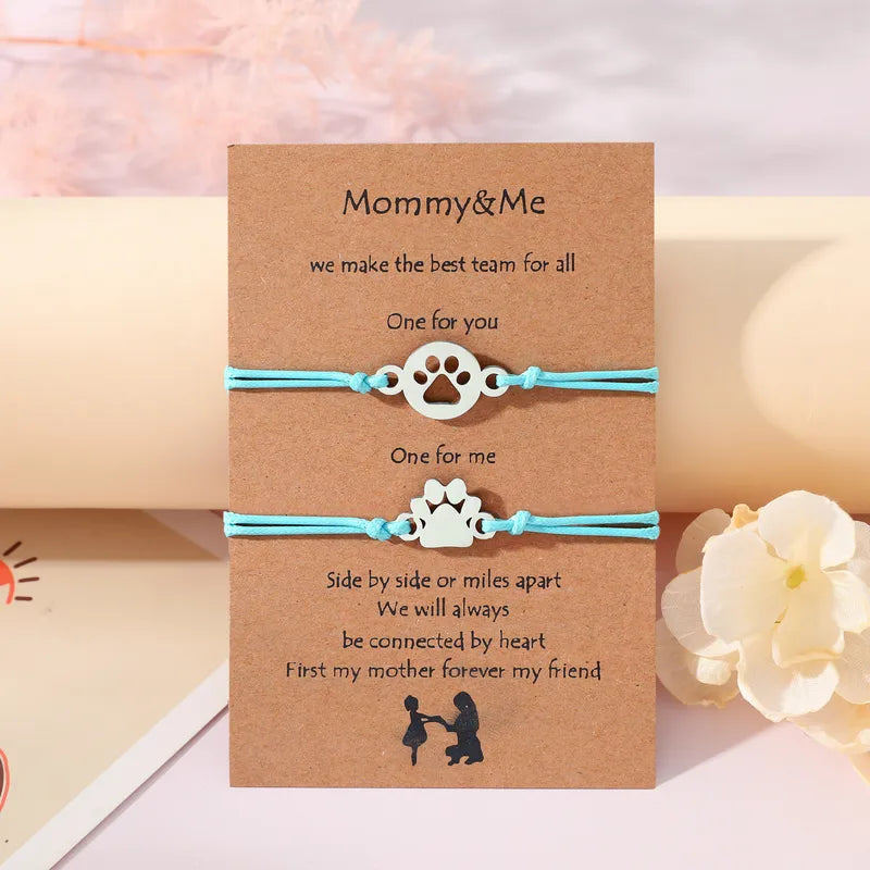 Lot de 2 Bracelets Cordon Réglable avec Carte - Mère Fille - Pate Chien Chat - Famille Parents Enfant Maman Fille - Acier Inoxydable