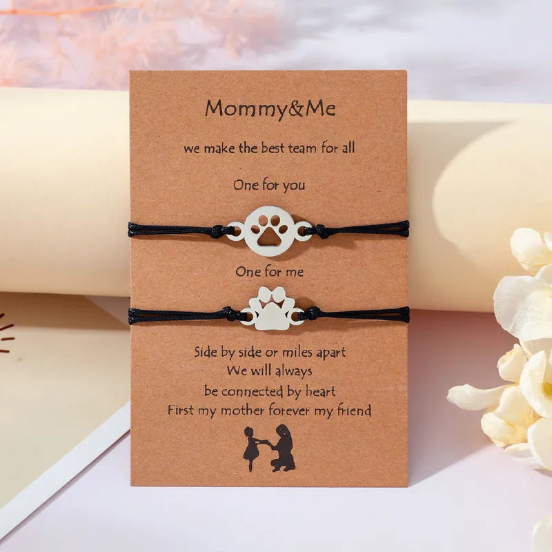 Lot de 2 Bracelets Cordon Réglable avec Carte - Mère Fille - Pate Chien Chat - Famille Parents Enfant Maman Fille - Acier Inoxydable