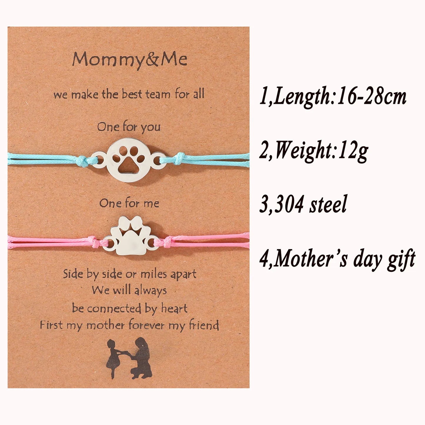 Lot de 2 Bracelets Cordon Réglable avec Carte - Mère Fille - Pate Chien Chat - Famille Parents Enfant Maman Fille - Acier Inoxydable