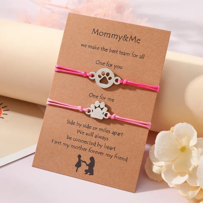 Lot de 2 Bracelets Cordon Réglable avec Carte - Mère Fille - Pate Chien Chat - Famille Parents Enfant Maman Fille - Acier Inoxydable