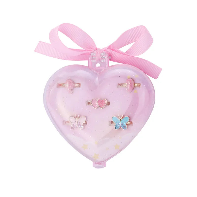 Lot de 5 Bagues Réglables pour Enfants - Boite Cadeau en forme de Coeur - Bague Papillon Coeur - BFF