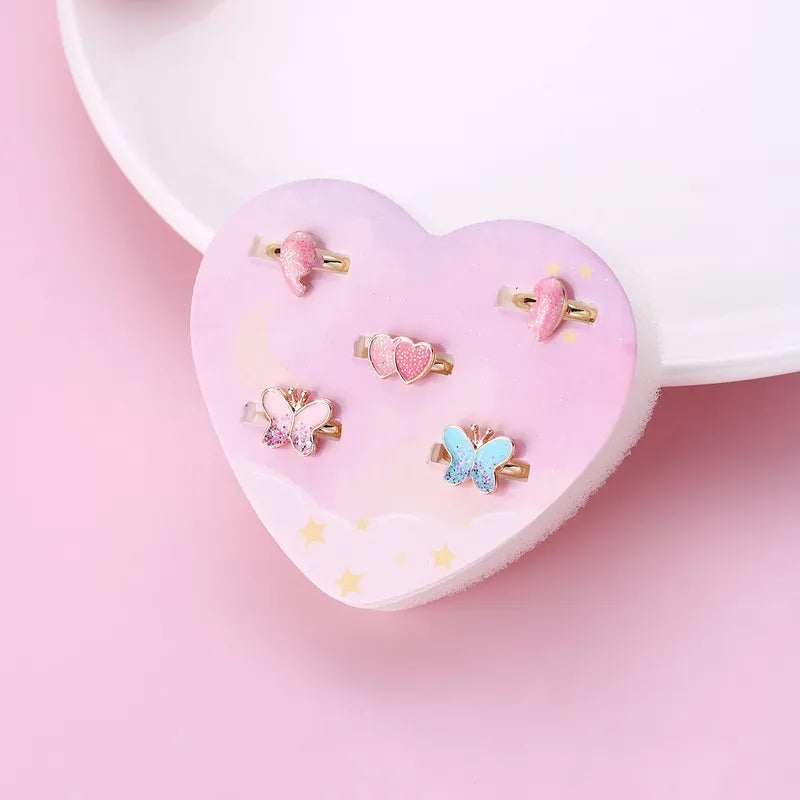 Lot de 5 Bagues Réglables pour Enfants - Boite Cadeau en forme de Coeur - Bague Papillon Coeur - BFF