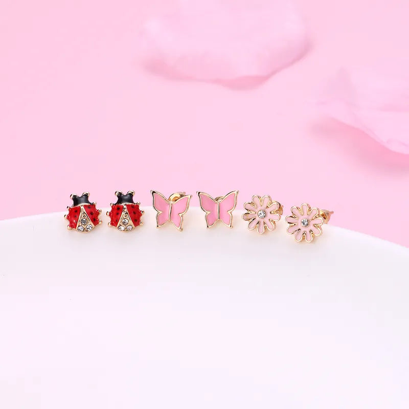 Ensemble de 3 Paires de Boucles Oreilles - Coccinelles Papillons Fleurs - Cuivre Zircon Plaqué Or - Printemps Mignon