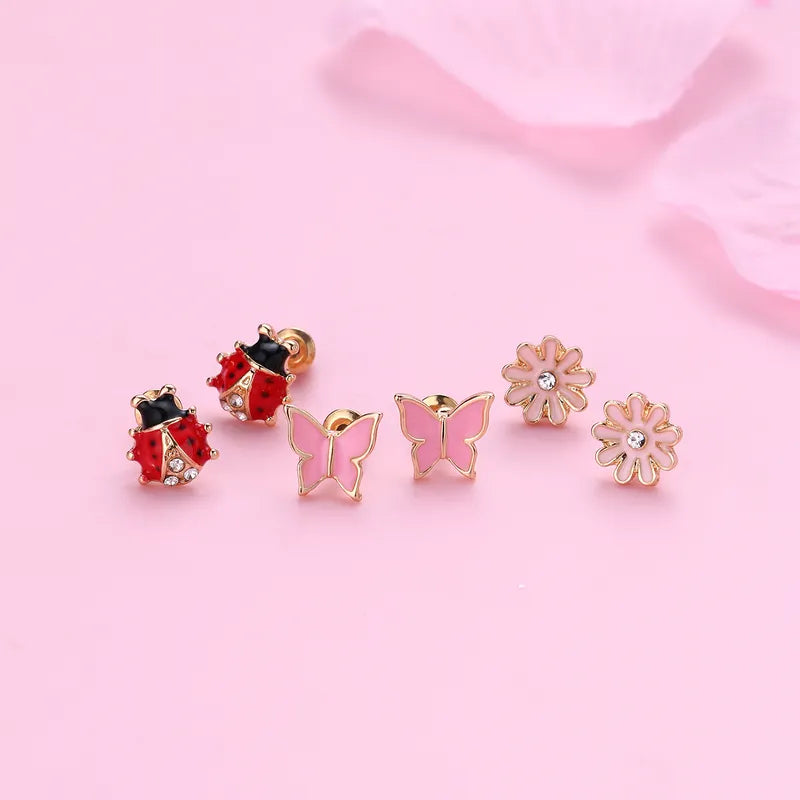 Ensemble de 3 Paires de Boucles Oreilles - Coccinelles Papillons Fleurs - Cuivre Zircon Plaqué Or - Printemps Mignon