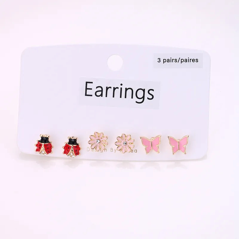 Ensemble de 3 Paires de Boucles Oreilles - Coccinelles Papillons Fleurs - Cuivre Zircon Plaqué Or - Printemps Mignon