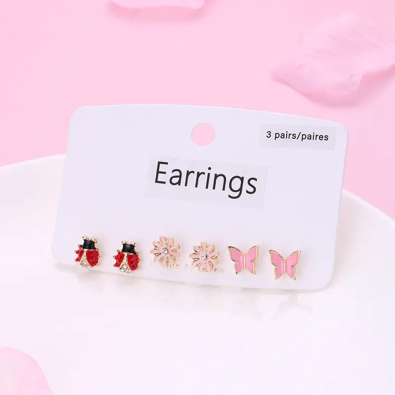 Ensemble de 3 Paires de Boucles Oreilles - Coccinelles Papillons Fleurs - Cuivre Zircon Plaqué Or - Printemps Mignon