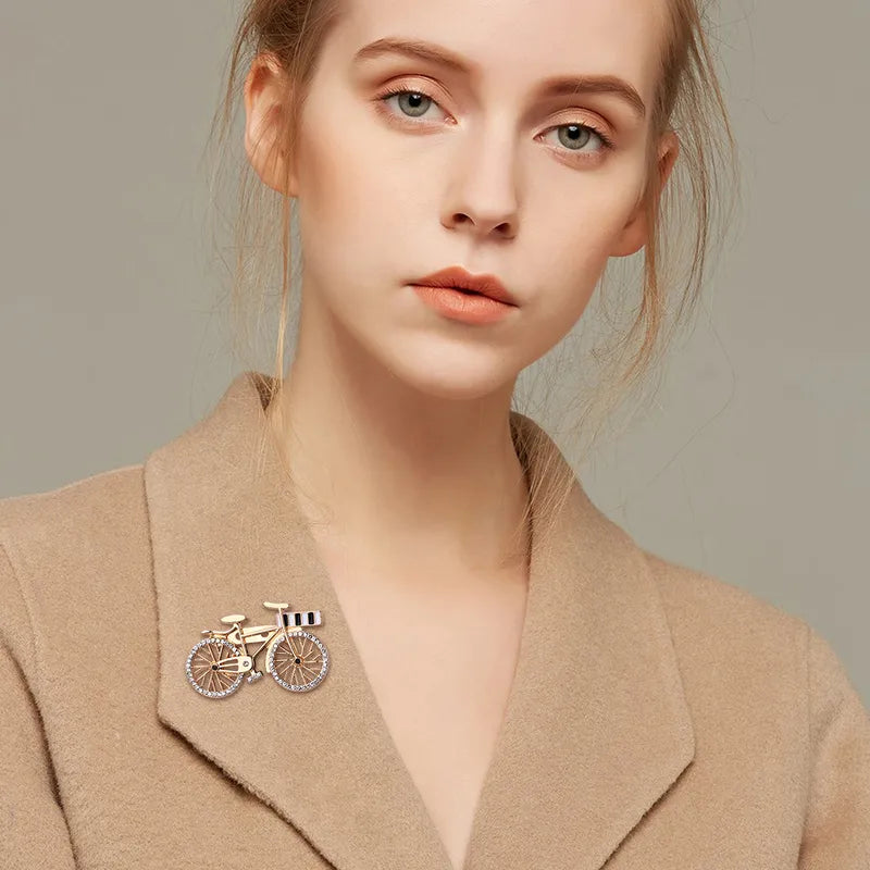 Broche avec Carte - Vélo - Doré Strass - Fantaisie - Alliage Email