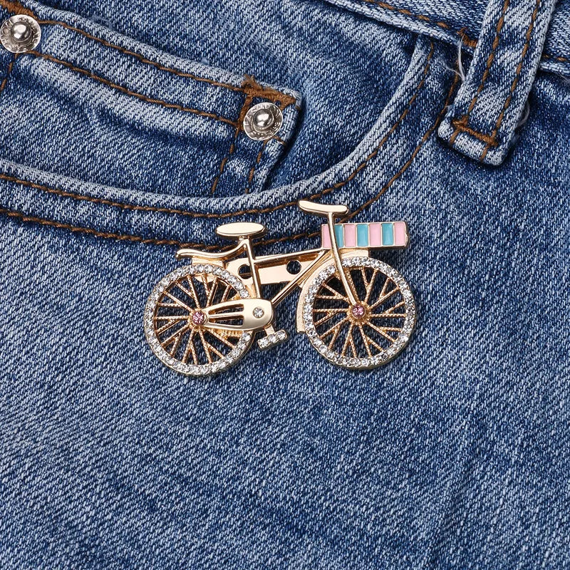 Broche avec Carte - Vélo - Doré Strass - Fantaisie - Alliage Email