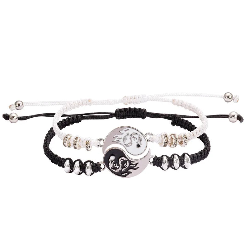 Lot de 2 Bracelets D'amitié Cordon Réglable - Ying Yang Tai Chi Dragon - BFF - Best Friends Forever - Amoureux Couple Amitié