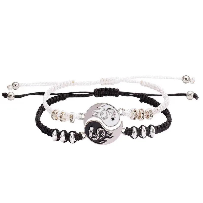 Lot de 2 Bracelets D'amitié Cordon Réglable - Ying Yang Tai Chi Dragon - BFF - Best Friends Forever - Amoureux Couple Amitié