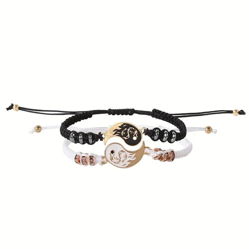 Lot de 2 Bracelets D'amitié Cordon Réglable - Ying Yang Tai Chi Dragon - BFF - Best Friends Forever - Amoureux Couple Amitié