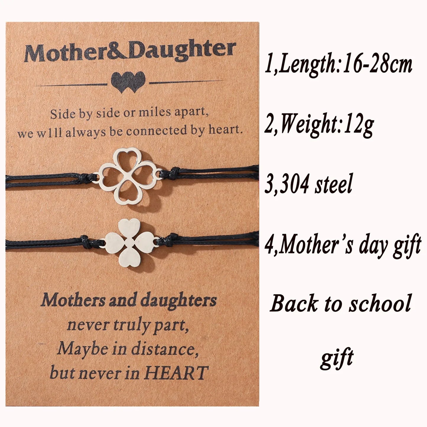 Lot de 2 Bracelets D'amitié Cordon Réglable avec Carte - Trèfle 4 feuilles - mère fille - famille