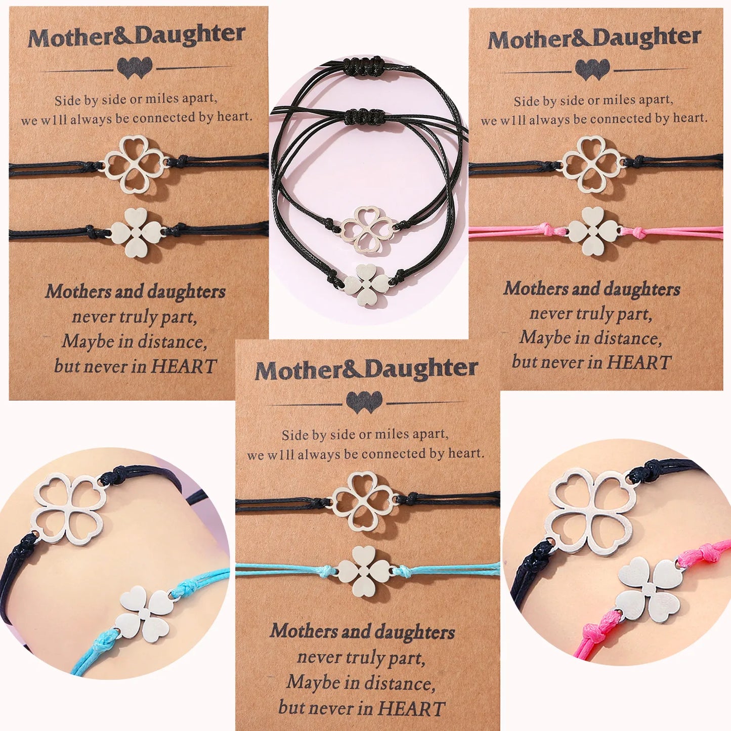 Lot de 2 Bracelets D'amitié Cordon Réglable avec Carte - Trèfle 4 feuilles - mère fille - famille