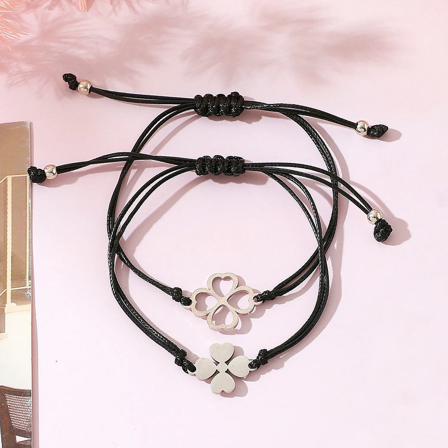 Lot de 2 Bracelets D'amitié Cordon Réglable avec Carte - Trèfle 4 feuilles - mère fille - famille