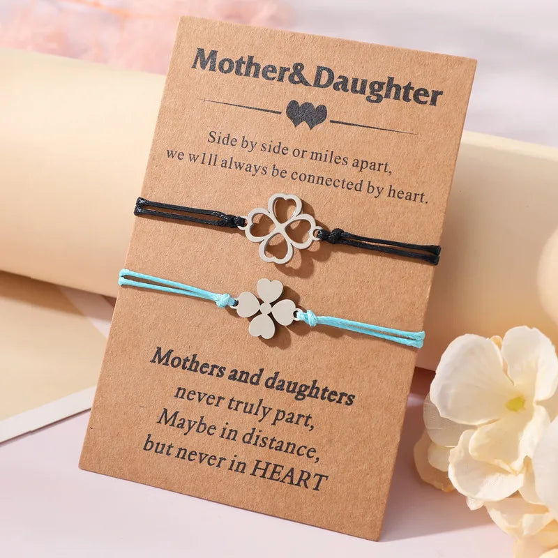 Lot de 2 Bracelets D'amitié Cordon Réglable avec Carte - Trèfle 4 feuilles - mère fille - famille