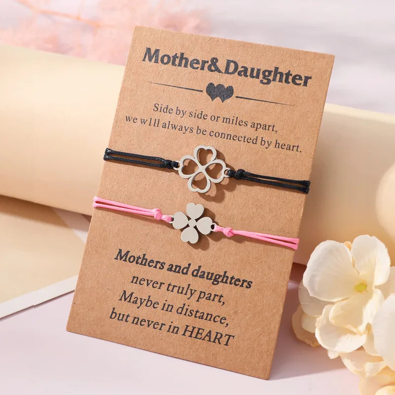 Lot de 2 Bracelets D'amitié Cordon Réglable avec Carte - Trèfle 4 feuilles - mère fille - famille