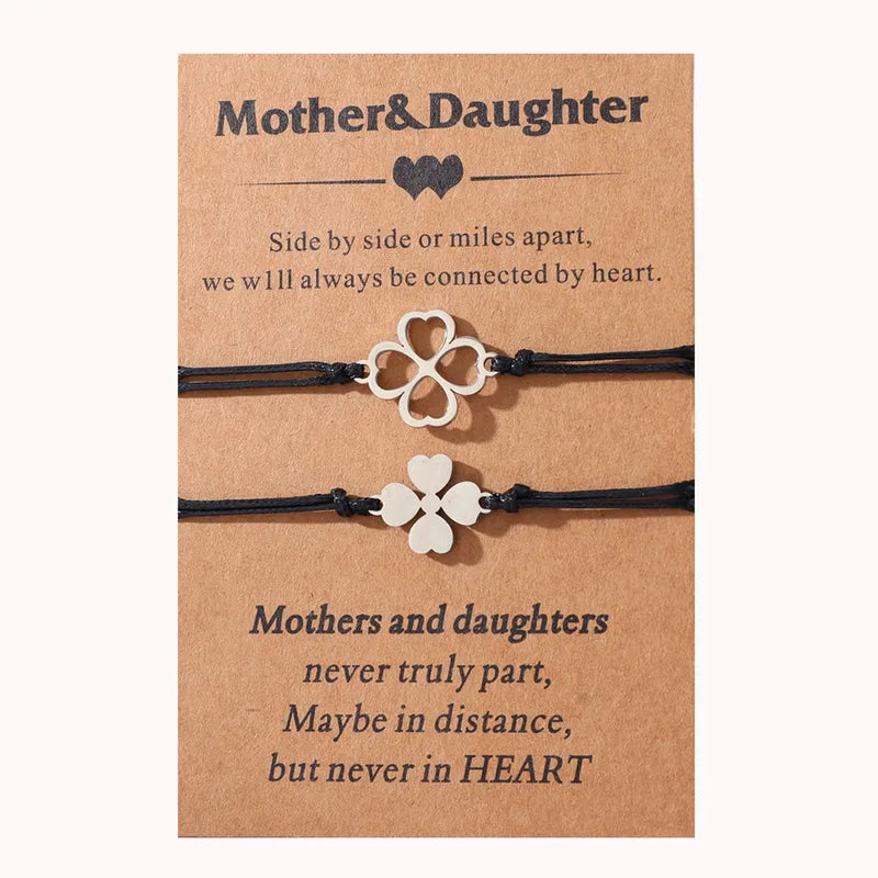 Lot de 2 Bracelets D'amitié Cordon Réglable avec Carte - Trèfle 4 feuilles - mère fille - famille