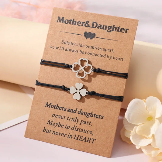 Lot de 2 Bracelets D'amitié Cordon Réglable avec Carte - Trèfle 4 feuilles - mère fille - famille