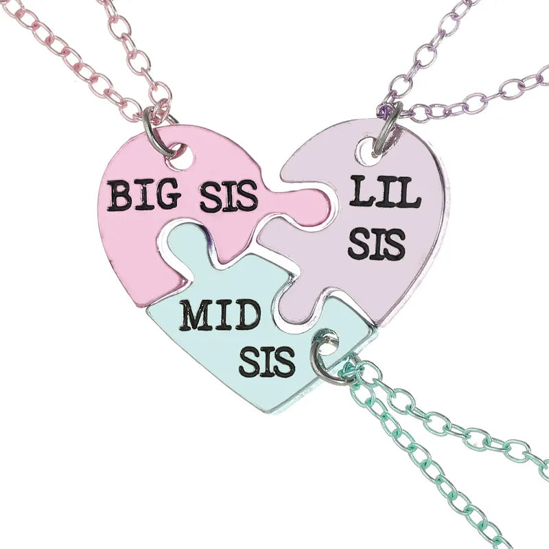 Lot de 3 Colliers - Soeurs - Ainée Cadette Benjamine - Famille Enfant Soeur Filles - Fantaisie - Pendentif Coeur Puzzle