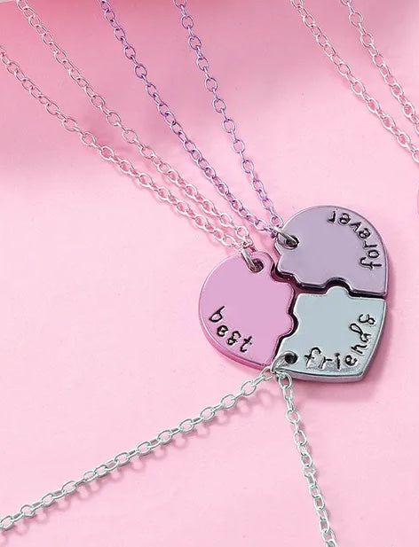 Lot de 3 Colliers D'amitié - Coeur Puzzle - BFF - Best Friends Forever - Pendentif Argenté ou Coloré - Strass - Amitié