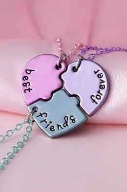 Lot de 3 Colliers D'amitié - Coeur Puzzle - BFF - Best Friends Forever - Pendentif Argenté ou Coloré - Strass - Amitié