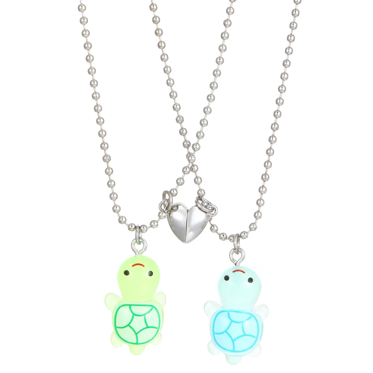 Lot de 2 Colliers D'amitié - Tortues Résine Phosphorescente - Pendentif Coeur Aimanté - BFF - Best Friends Forever - Amoureux Couple Amitié