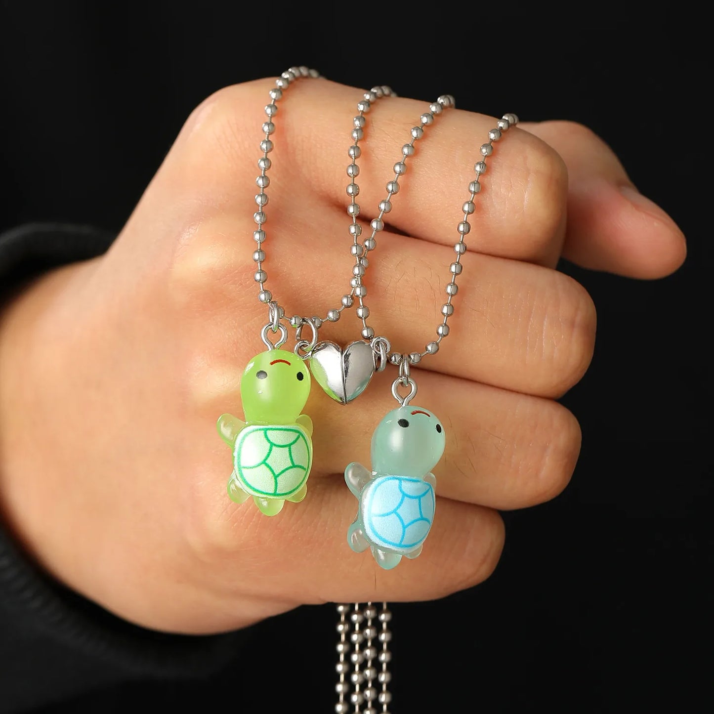 Lot de 2 Colliers D'amitié - Tortues Résine Phosphorescente - Pendentif Coeur Aimanté - BFF - Best Friends Forever - Amoureux Couple Amitié