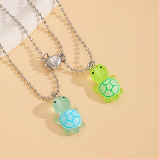 Lot de 2 Colliers D'amitié - Tortues Résine Phosphorescente - Pendentif Coeur Aimanté - BFF - Best Friends Forever - Amoureux Couple Amitié