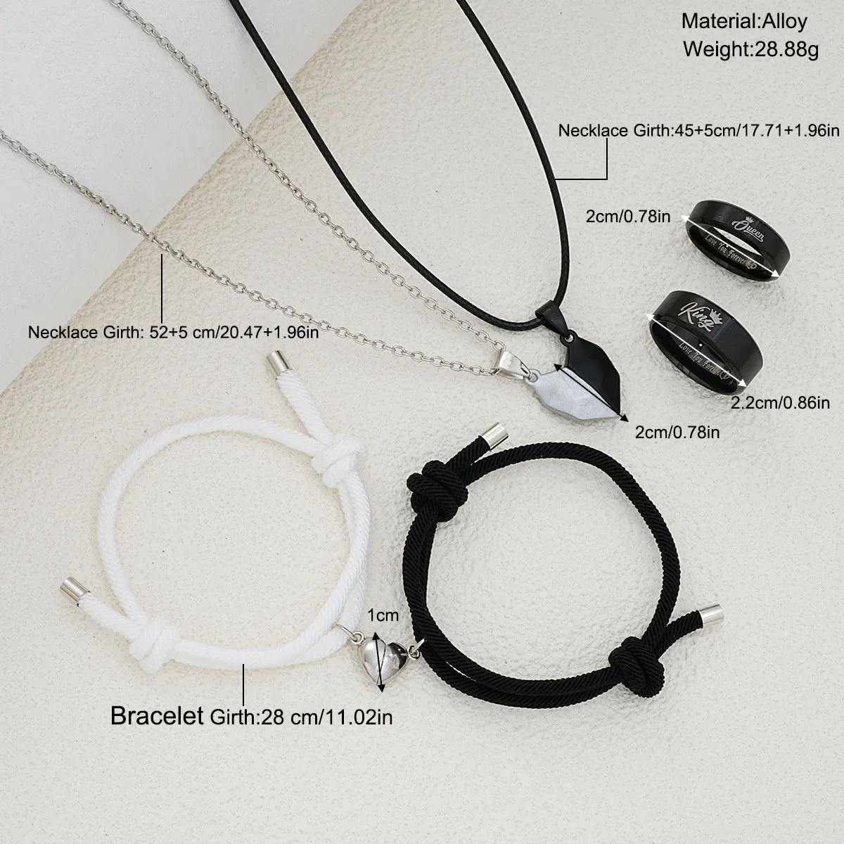 Parure 3 pièces À Partager - Colliers Bracelets Bagues - Coeur Aimanté - Amoureux - Couple BFF Saint Valentin - King Queen