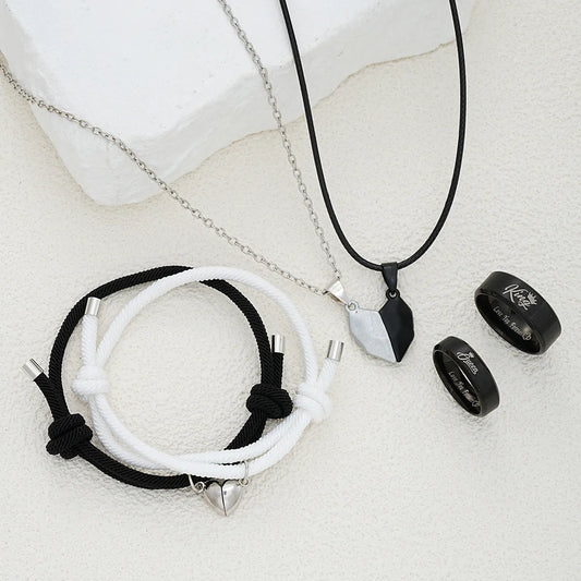 Parure 3 pièces À Partager - Colliers Bracelets Bagues - Coeur Aimanté - Amoureux - Couple BFF Saint Valentin - King Queen