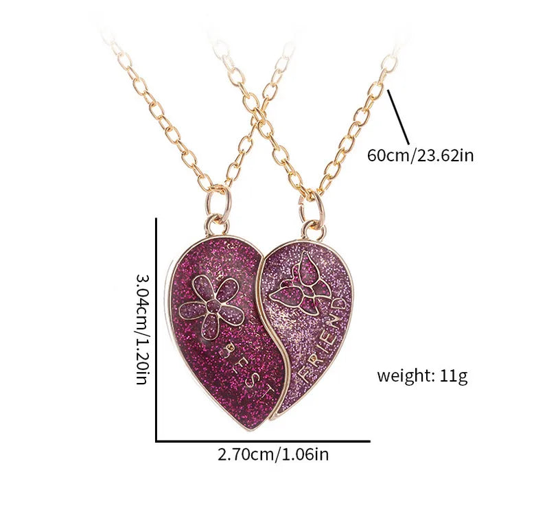 CHILDREN - Set of 2 Glitter Heart Friendship Necklace Chains - BFF Best Friends Forever - Fancy - Magnetic Pendant with Gold Chain