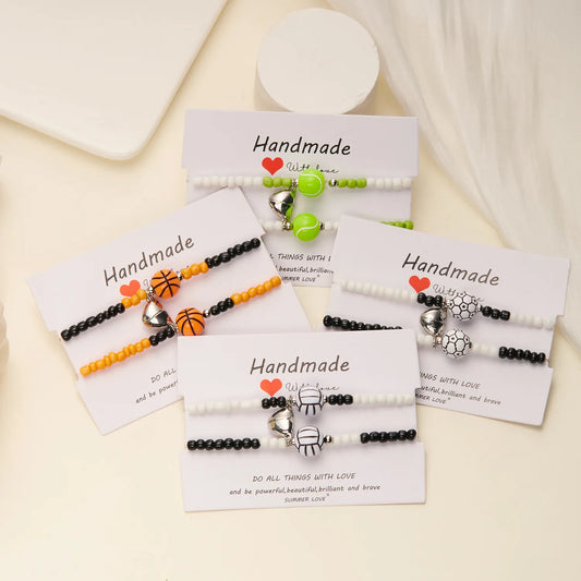 Lot de 2 Bracelets D'amitié Cordon Elastique avec Carte - Ballon de Sport - BFF - Best Friends Forever - Amitié - Pendentif Coeur Aimanté