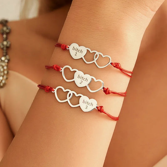 Lot de 3 Bracelets Cordon Réglable - Coeur Bitch - A partager - BFF - Best Friends - Acier Inoxydable
