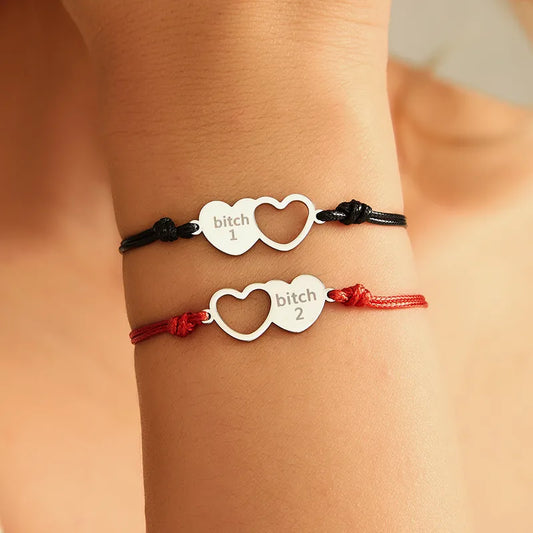 Lot de 2 Bracelets Cordon Réglable - Coeur Bitch - A partager - BFF - Best Friends - Acier Inoxydable