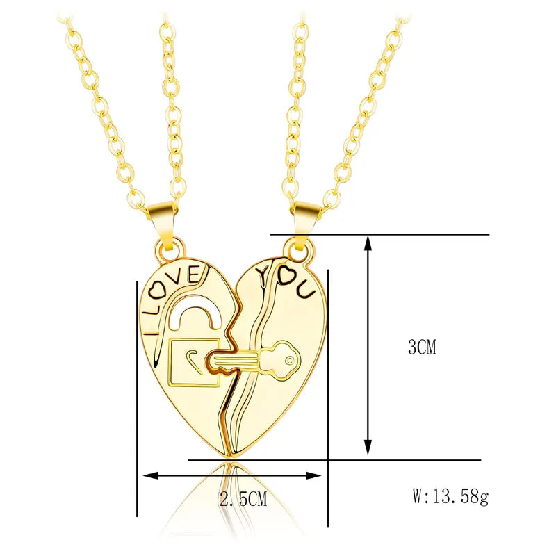 Set of 2 Friendship Necklaces Chains - Heart and Key - BFF Best Friends Forever - Pendant - Lovers Couple Silver Stainless Steel