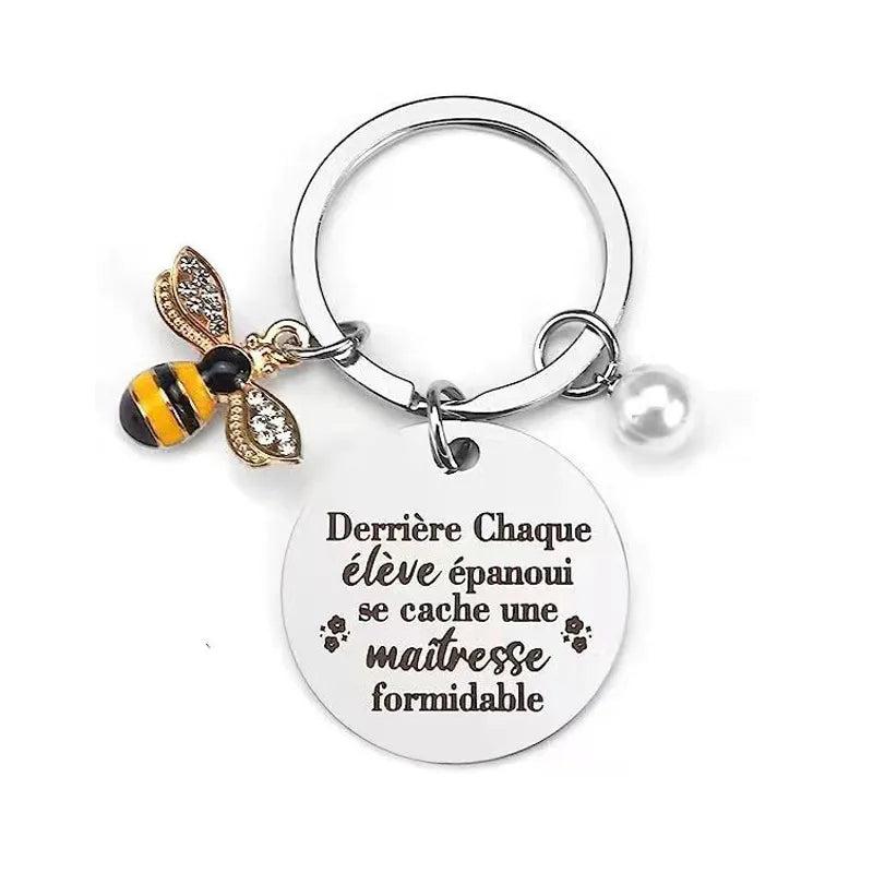 Porte Clés - Message Merci Maitresse Abeille - Professeur des Ecoles - Best Teacher - Année Scolaire - Pendentif Sac - Acier Inoxydable