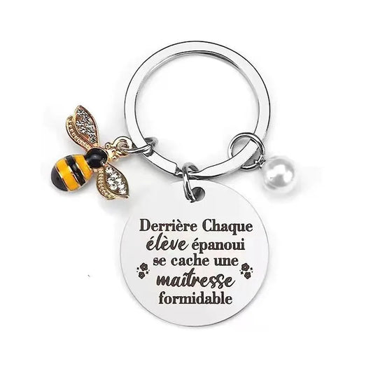 Porte Clés - Message Merci Maitresse Abeille - Professeur des Ecoles - Best Teacher - Année Scolaire - Pendentif Sac - Acier Inoxydable