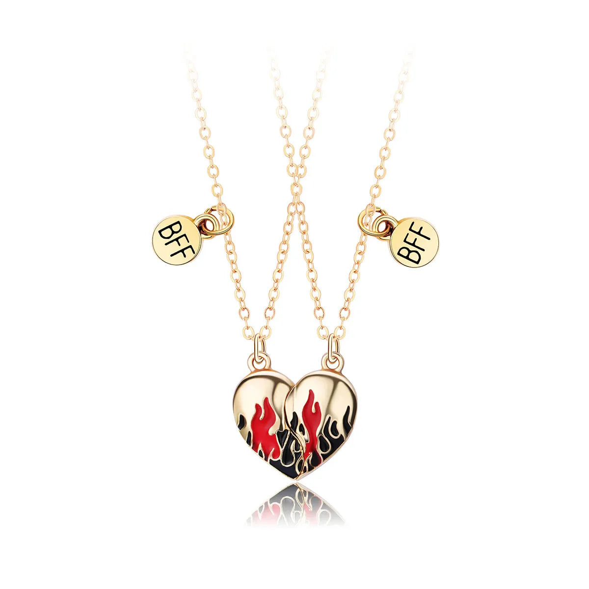 Lot de 2 Colliers D'amitié - Coeur Flammes Aimantées - BFF - Best Friends Forever - Fantaisie - Pendentif Aimanté